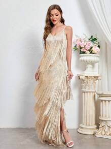 Vestido Longo Formal Elegante Feminino com Alças Finas, Franjas Laterais e Abertura, Vestido de Festa, Vestido de Convidada de Casamento, Vestido de Noite