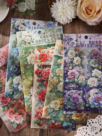 4 ark/förpackning Retro blomma vintage växt förgyllning collage PET-klistermärken DIY-dagbok skräpjournal dekoration korttillverkning klistermärke album scrapbooking, skolmaterial, tillbaka till skolan