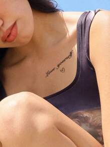 1pc Temporary Tattoo Design With Elegant Script "Love Yourself", Unisex, Waterproof, Sweat-Proof