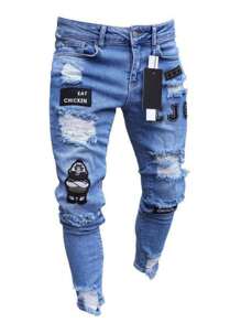 Men's Washed Embroidered Distressed Frayed Hem Casual Skinny Denim Jeans, Emo Style - Blue - View 4
