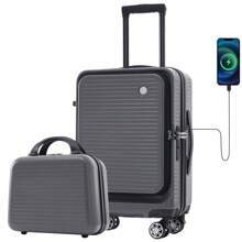 Equipaje de mano de 20 pulgadas con apertura frontal, equipaje ligero con bolsillo frontal y puerto USB, 1 estuche de transporte portátil, juego de maletas de viaje resistentes - Gris + ABS-4 - Ver 4