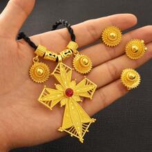 3 pièces/set Ensemble de bijoux trois pendentifs croix doré, nouvelle conception, boucles d'oreilles, bague, collier, cadeau de fête