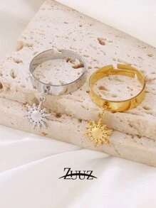 1 pieza Anillo con colgante de sol de acero inoxidable con baño de oro de 18K, de diseño geométrico abierto, anillo para mujer, mejor regalo de amigas