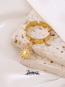 1 pieza Anillo con colgante de sol de acero inoxidable con baño de oro de 18K, de diseño geométrico abierto, anillo para mujer, mejor regalo de amigas