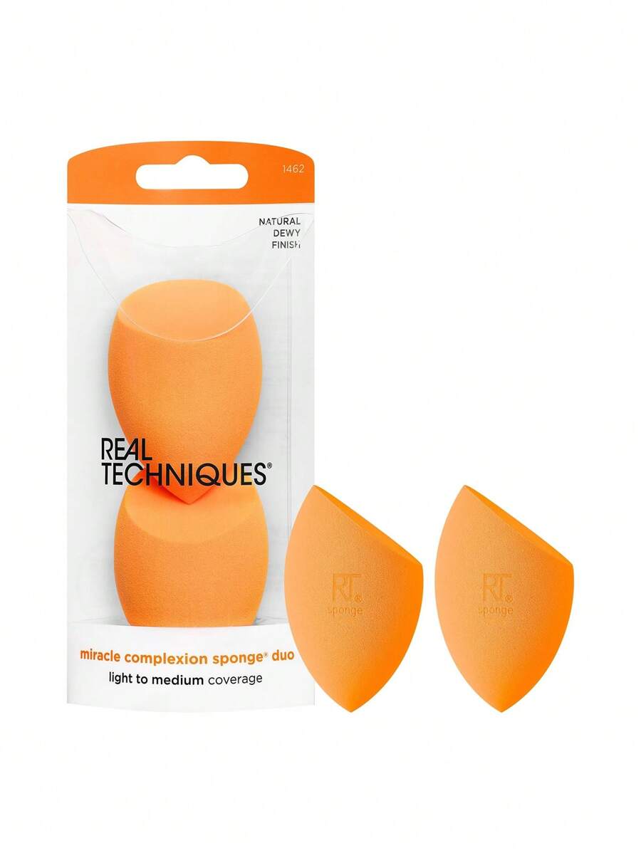 Real Techniques Miracle Complexion Set de 2 Esponjas de Maquillaje, Adecuado para Base Líquida y en Crema, Puede Crear Maquillaje de Cobertura Construible, Crear Base Natural y Luminosa, Material de Espuma sin Látex - Naranja - Ver 1