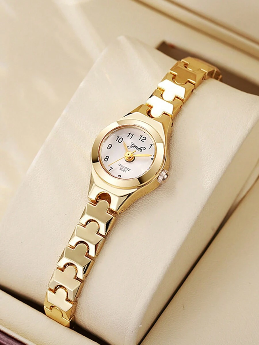 1pc Stylish Compact Arabic Numeral Scale Dial Steel Band Quartz Watch, Suitable For Birthday Gift, Year-End Promotion, Singles Day - Gold - View 1