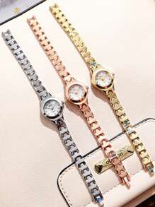 1pc Stylish Compact Arabic Numeral Scale Dial Steel Band Quartz Watch, Suitable For Birthday Gift, Year-End Promotion, Singles Day - Gold - View 4