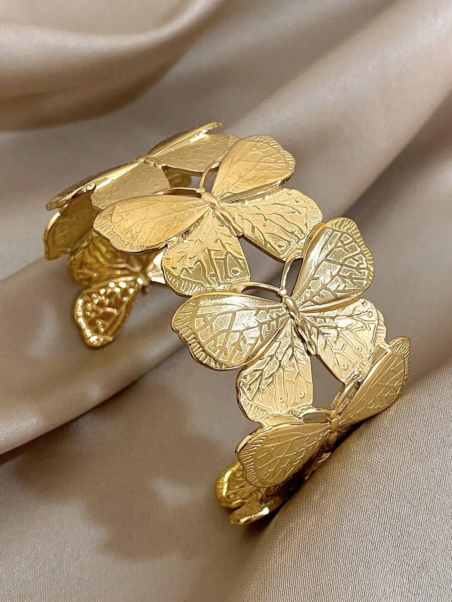 1pc Elegant Butterfly And Leaf Bracelets For Women Chunky Open Bracelet Stainless Steel Cuff Wide Bracelets For Daily Party Christmas Jewelry Gifts
