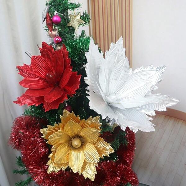 20cm/30cm/50cm Grandes flores de Navidad simuladas, decoraciones de árbol de Navidad, arreglos de guirnaldas de flores, ramas, actividades de fiesta, decoración, flores falsas de tela brillante
