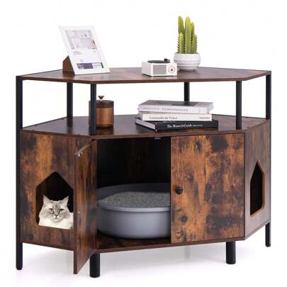 Corner Cat Litter Box Enclosure, Cat House Cabinet With Open Shelf, 2 Entrances & Metal Legs, Hidden Kitten Washroom, Decorative Pet Furniture, Rustic Brown/White