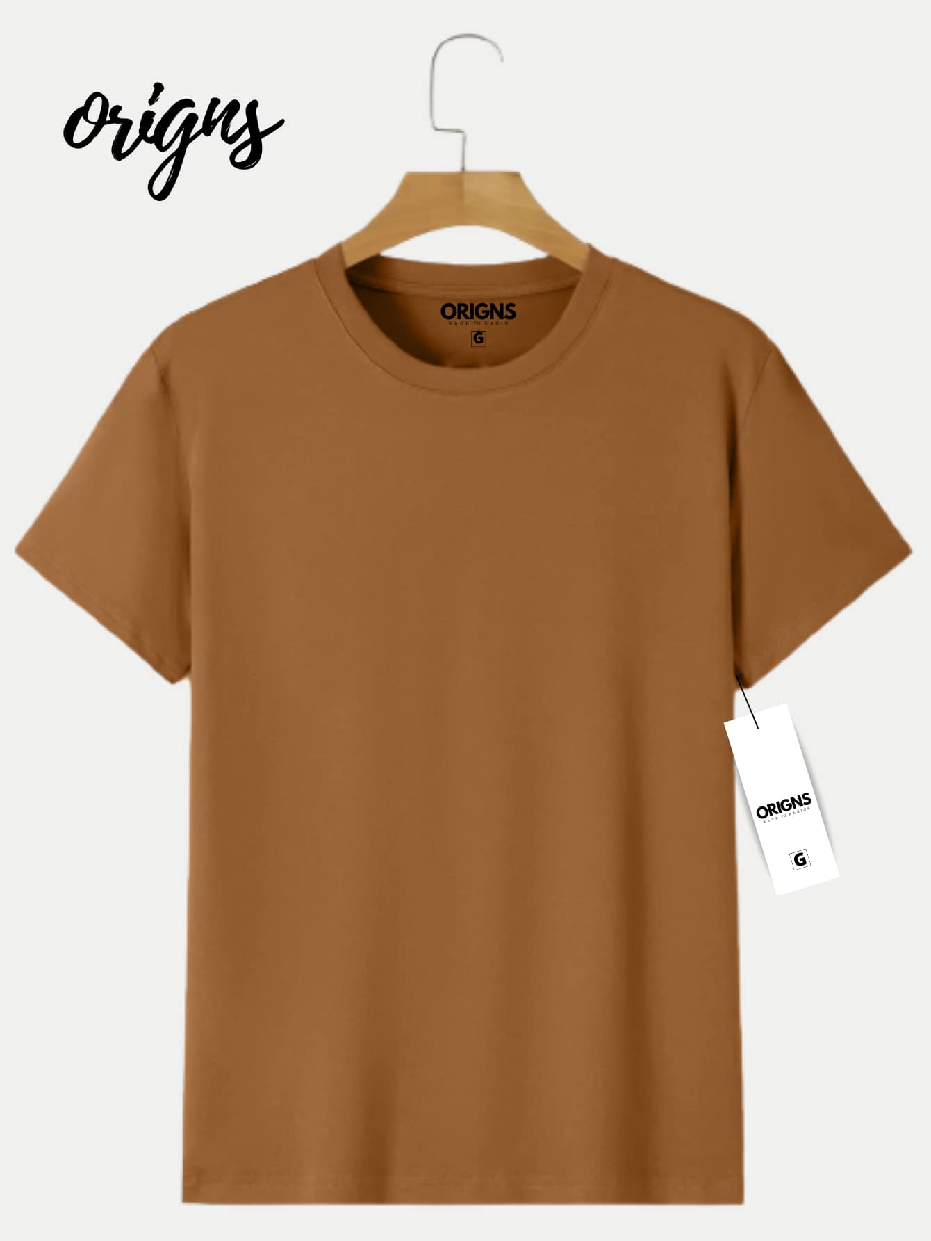 Men's Basic Plain Short Sleeve Cotton T-Shirt Colors ORIGNS - 駝色 - 查看 1
