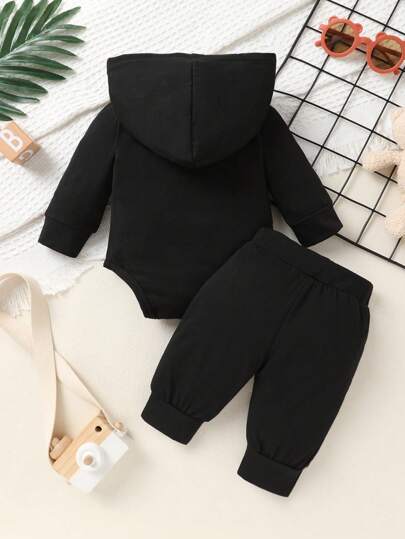 2pcs Set, Casual, Cute, Baby Boy Clothes, Infant Bodysuit, Baby Autumn/Winter Outfit, Soft & Comfortable, Letter Print Hoodie Top And Solid Letter Print Pants Set, Suitable For Daily, Vacation, Party, Outdoor