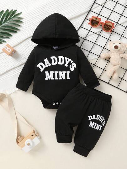 2pcs Set, Casual, Cute, Baby Boy Clothes, Infant Romper, Toddler Autumn/Winter Outfit, Soft & Comfortable, Letter Print Hoodie Top And Solid Letter Print Pants Set, Suitable For Daily, Vacation, Party, Outdoor