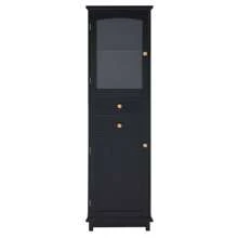 Gabinete de almacenamiento alto para el baño con puertas de vidrio, de pie, con dos cajones y estantes ajustables, de tablero de MDF, pintado en blanco - perfecto para exhibir tus artículos favoritos