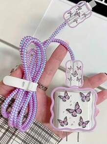 5 件紫色蝴蝶波纹硅胶保护壳兼容 Apple 18W/20W USB-C 电源适配器、防震充电线套