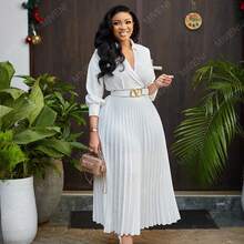 Vestido De Manga Acampanada Con Color Sólido Para Tallas Grandes Suelto Con Cuello En V Contiene Un Cinturón Moda Para Mujer Nuevo - Blanco - Ver 4