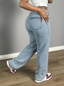 Chicsale Women's Straight Leg Denim Pants - Elegant Wide Leg Floor-Length Jeans With Button & Zipper, Relaxed Fit Casual Trousers For Everyday Outings