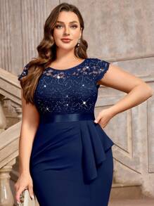 Plus Sequin Lace Bodice Ruffle Split Thigh Wrap Hem Cocktail Party Bodycon Dress, Valentine's Day Dress, Summer Dress, Evening Party Dress, Graduation Dress, For Birthday, Wedding Guest, Homecoming - Navy Blue - View 11