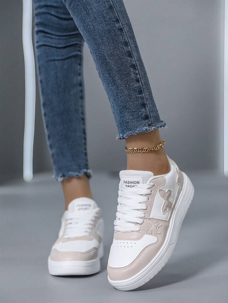 女士时尚全能运动休闲鞋 女士休闲鞋 女士圆头平底鞋 - 轻便透气 探险 女士轻便仿皮运动鞋 女士鞋 美丽粉彩可爱蝴蝶休闲白色时尚运动鞋 步行鞋 - 米色 - 查看 1