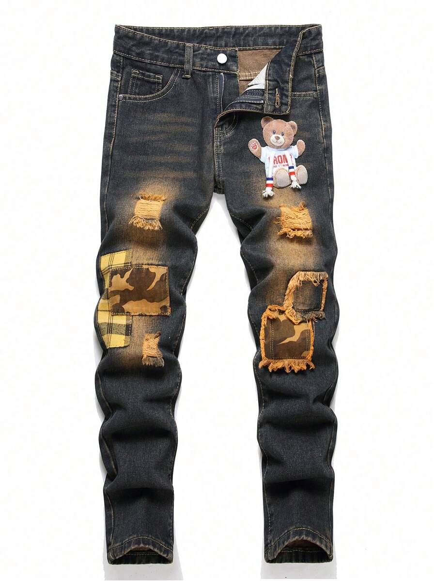 男童褪色卡通熊时尚牛仔裤 - 寶藍色 - 查看 1