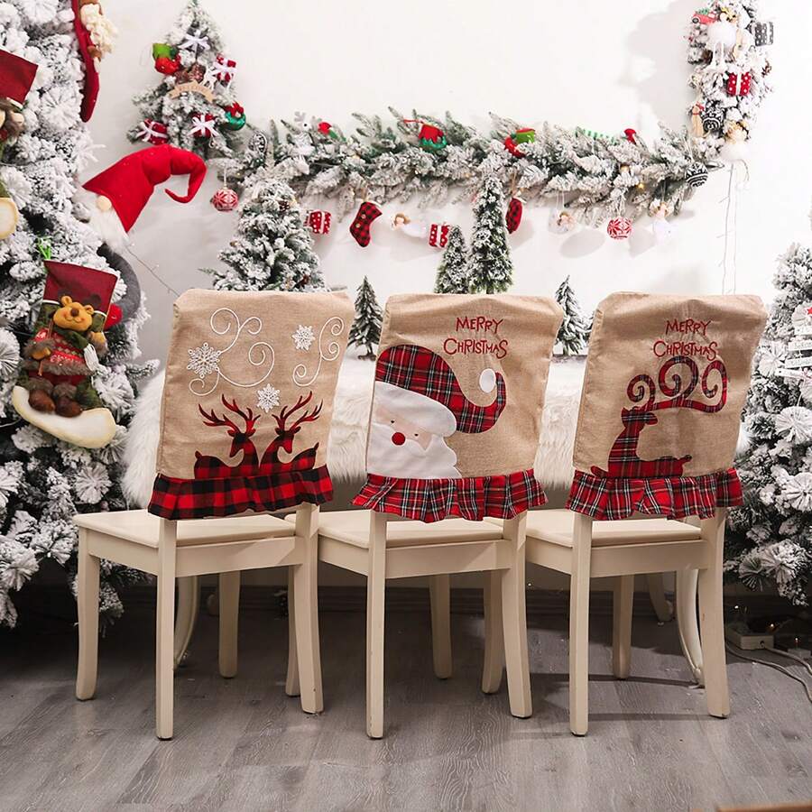1 cái/3 cái Phụ kiện ngày lễ Giáng sinh, Vỏ ghế tuần lộc thêu vải bố, Vỏ tựa lưng ghế tuần lộc kẻ caro Buffalo, Vỏ ghế ông già Noel đôi hươu cổ điển, Vỏ ghế trang trí chống bụi bảo vệ cho gia đình, phòng khách, phòng ăn, nhà bếp, tiệc tùng ngày lễ, Giáng sinh - Nhiều màu - Xem 1