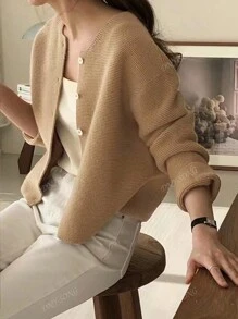 Korean Style V-Neck Solid Color Loose Fit Casual Cardigan For Women