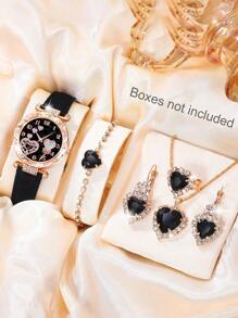 SOKI SOKI 1 Set Mother's Day Women's Watch Set, Fashionable Elegant Round Dial Quartz Watch With Heart-Shaped Pendant Necklace, Earrings, Ring And Bracelet. This Jewelry Set Is Suitable For Daily Wear, Birthday Gift, Back To School, Thanksgiving And Romantic Occasions, Best Choice (Excluding Gift Box) - Black - View 3