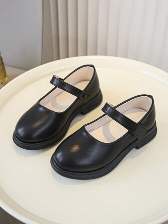 Black Leather Girls' Flats Shoes, Autumn Student School Uniform Slip-On Princess Shoes For Kids