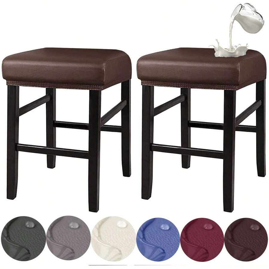 Stool Covers Rectangle, 2PCS/4PCS Stretch Waterproof PU Rectangle Bar Stool Covers Vanity Stool Cover Washable Counter Stool Covers Saddle Seat Cover With Elastic Bands For Wooden Metal Barstools - Coffee Brown - View 1