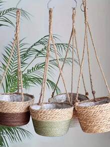 1 chiếc giỏ đan thủ công bằng rơm bồ công anh phong cách mộc mạc treo chậu cây xanh - giỏ treo - Xem 1