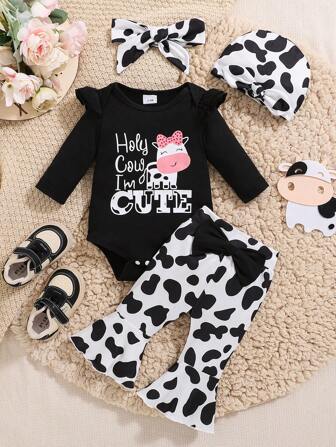 Baby Girl Spring And Autumn Style Casual Cute Fashion Clothing Letter Cow Print Round Neck Long Sleeve Bodysuit + Trousers + Hat + Bandana Four-Piece Set