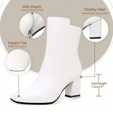Women's GoGo Ankle Boots Square Toe Side Zipper Chunky Block Heel Mid Calf Low Heeled Short Booties - 白色 - 查看 4
