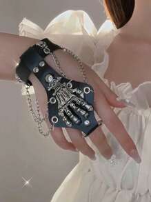 Skeleton Spider Web Darkly Chain Fingerless Punk Halloween Gloves - Multicolor - View 3