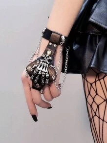 Skeleton Spider Web Darkly Chain Fingerless Punk Halloween Gloves - Multicolor - View 2