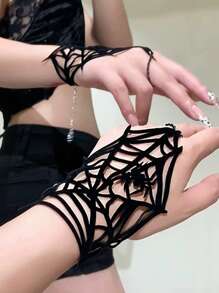 Skeleton Spider Web Darkly Chain Fingerless Punk Halloween Gloves - Multicolor - View 5