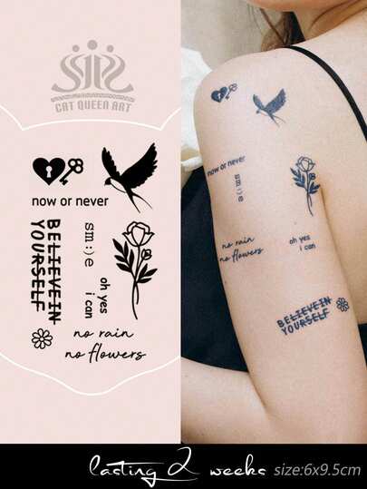 1片装草本汁液半永久魔法纹身贴纸，多元素励志短语，燕子、心形、钥匙、花卉、Y2K图案，7-14天防水，哑光效果，适用于手腕、手臂、肩膀、脖子、锁骨等部位，临时身体纹身