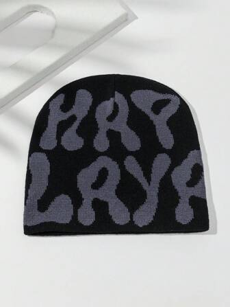 1 st Intarsia tvåfärgade bokstavsmönster för kvinnor, stickad mössa, varm outfit för höst/vinter Alla hjärtans dag