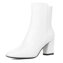 Women's GoGo Ankle Boots Square Toe Side Zipper Chunky Block Heel Mid Calf Low Heeled Short Booties - 白色 - 查看 9