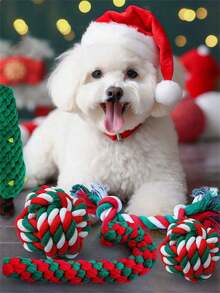 1 pieza Juguetes para mascar con temática navideña para mascotas, entregados al azar, juguetes de cuerda navideños, limpieza duradera de dientes, regalo navideño para mascotas
