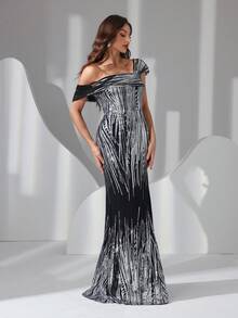 Elegant Women's Maxi Party Dress With Off The Shoulder Neckline, Sequin Embellishments, And Sexy Split Thigh, Perfect For Formal Evening Events