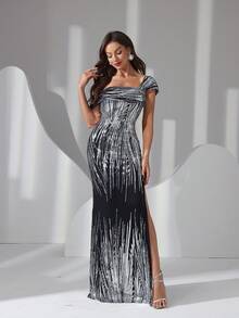 Elegant Women's Maxi Party Dress With Off The Shoulder Neckline, Sequin Embellishments, And Sexy Split Thigh, Perfect For Formal Evening Events