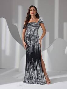 Elegant Women's Maxi Party Dress With Off The Shoulder Neckline, Sequin Embellishments, And Sexy Split Thigh, Perfect For Formal Evening Events