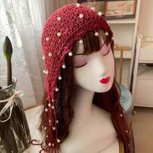 1 件春夏手工帽子女士珍珠流苏钩针帽复古镂空发髻帽百搭头巾帽 - A - 查看 15