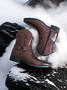 Western Cowboy Boots With Side Zipper Pointed Toe Mid-Calf Men Boots - Brown - View 6