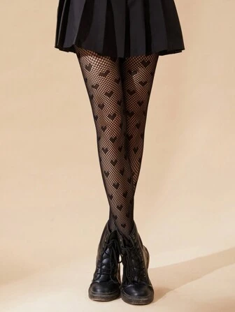 Heart Pattern Fishnet Black Tights For Women