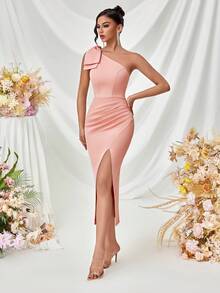 ADYCE One Shoulder Bowknot Pleated Front Slit Open Back Formal Cocktail Party Dress, Elegant Prom Semi Formal Dress, For Birthday, Wedding Guest, Graduation, Dinner, Homecoming - Pink - View 5