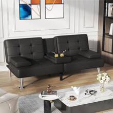 Modern Faux Leather Futon Sofa Bed For Living Room Convertible Folding Adjustable Recliner With 2 Cup Holders - màu đen - Xem 4