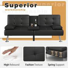 Modern Faux Leather Futon Sofa Bed For Living Room Convertible Folding Adjustable Recliner With 2 Cup Holders - màu đen - Xem 6