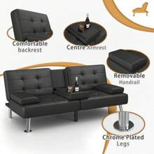 Modern Faux Leather Futon Sofa Bed For Living Room Convertible Folding Adjustable Recliner With 2 Cup Holders - màu đen - Xem 7