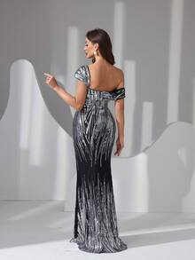 Elegant Women's Maxi Party Dress With Off The Shoulder Neckline, Sequin Embellishments, And Sexy Split Thigh, Perfect For Formal Evening Events